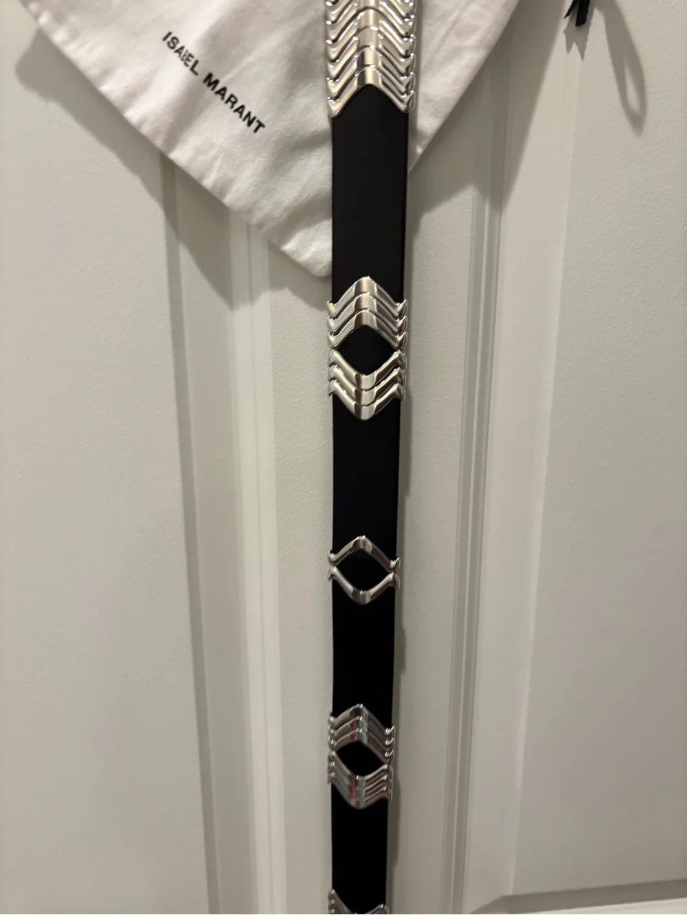 Isabel Marant Black Leather Belt with Silver Chevron Accents
